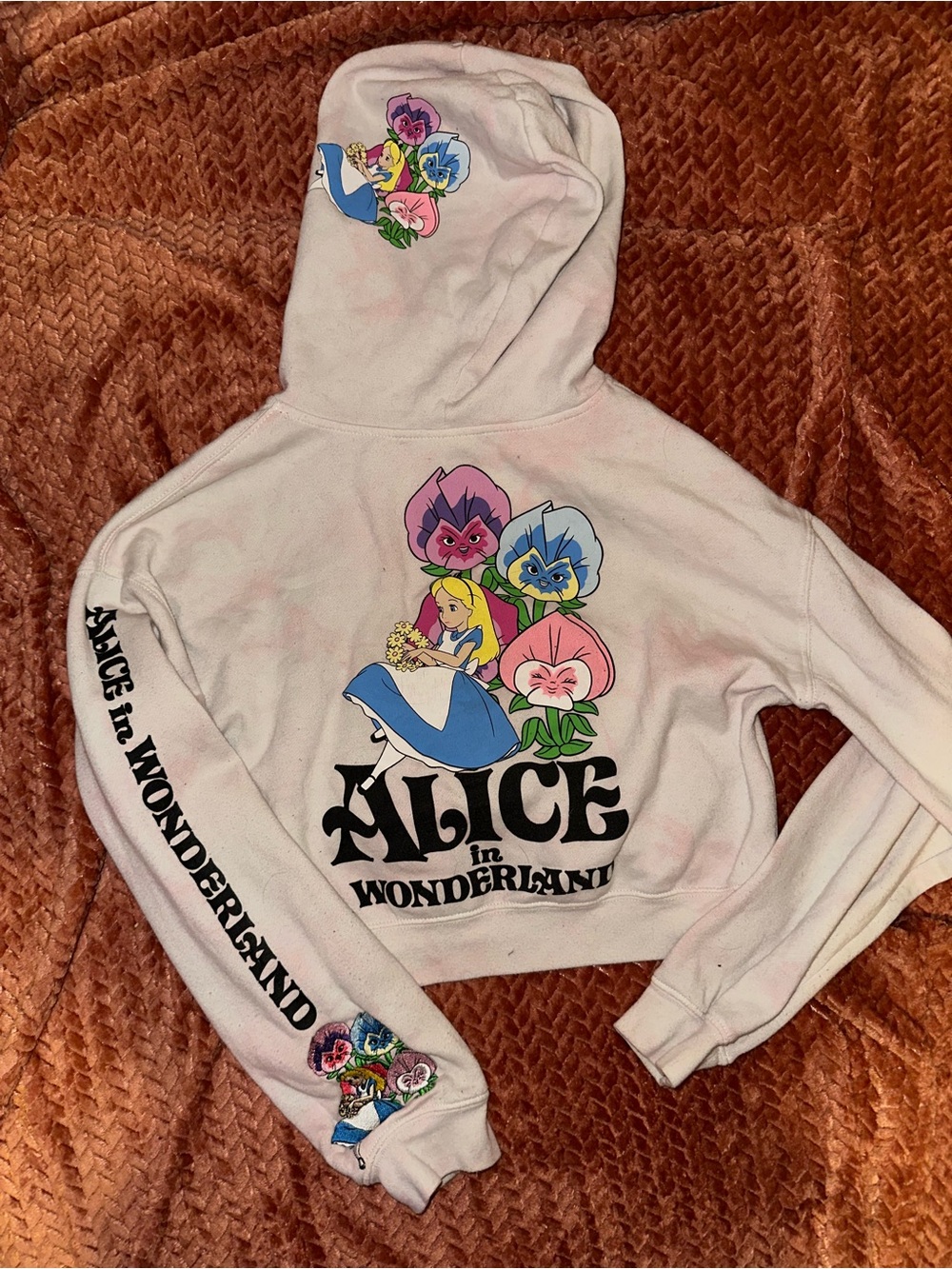 Alice in Wonderland Zip Up Cropped Hoodie Pastel Pink Tie Dye